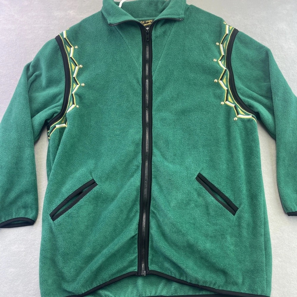 Bob Mackie Wearable Art Green Fleece Zip Up Jacket Embroidered Womens L Vintage